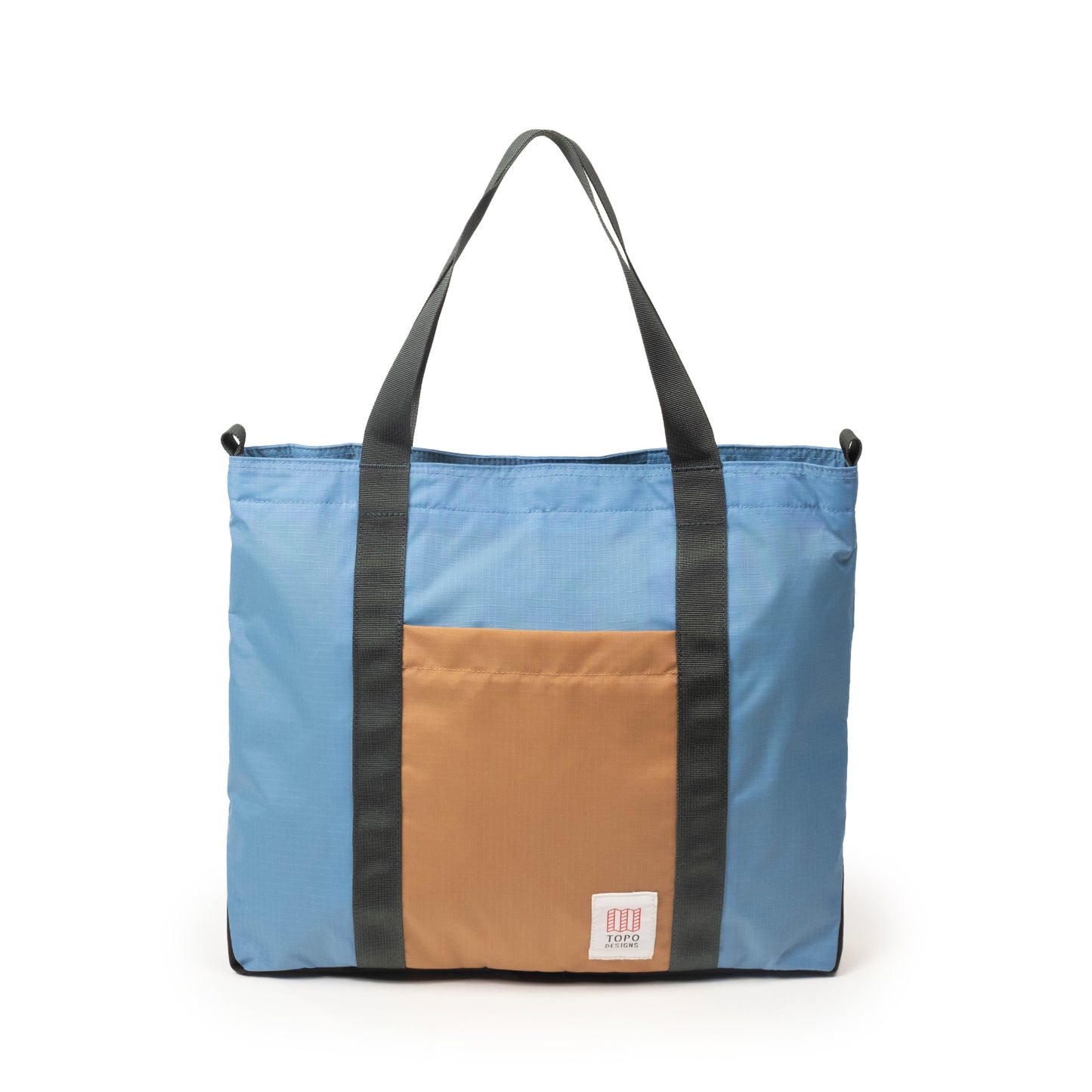 Front View of Topo Designs Mountain Essential Tote in "River Blue / Brown Oak"