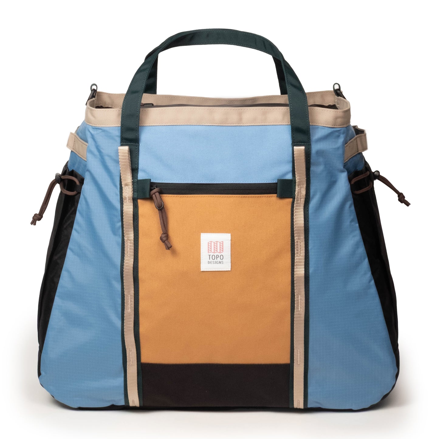 Front View of Topo Designs Mountain Gear Bag in "River Blue / Brown Oak"