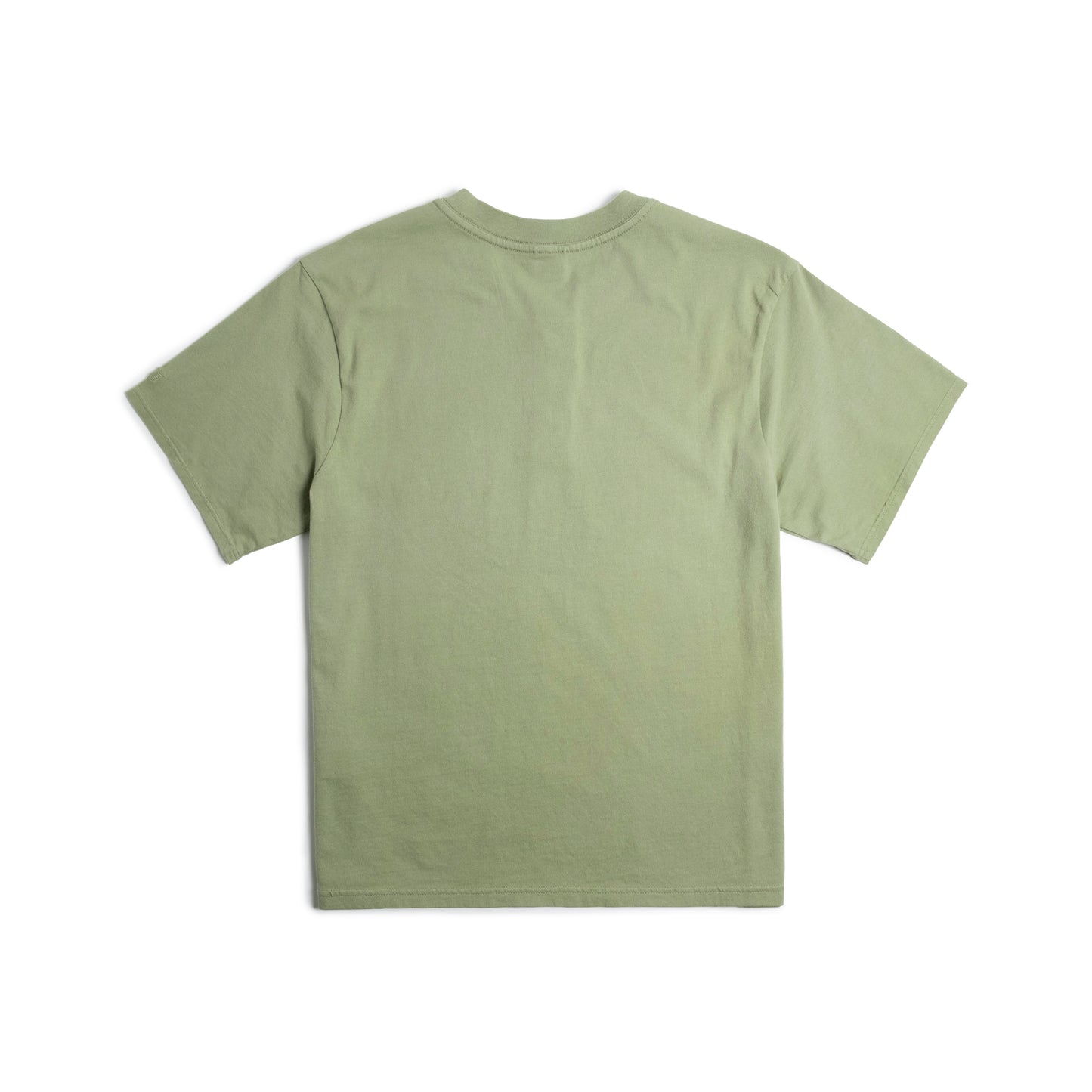 Back flat lay photo on white background of Topo Designs Dirt Henley Short Sleeve - Men's in "Oil Green"
