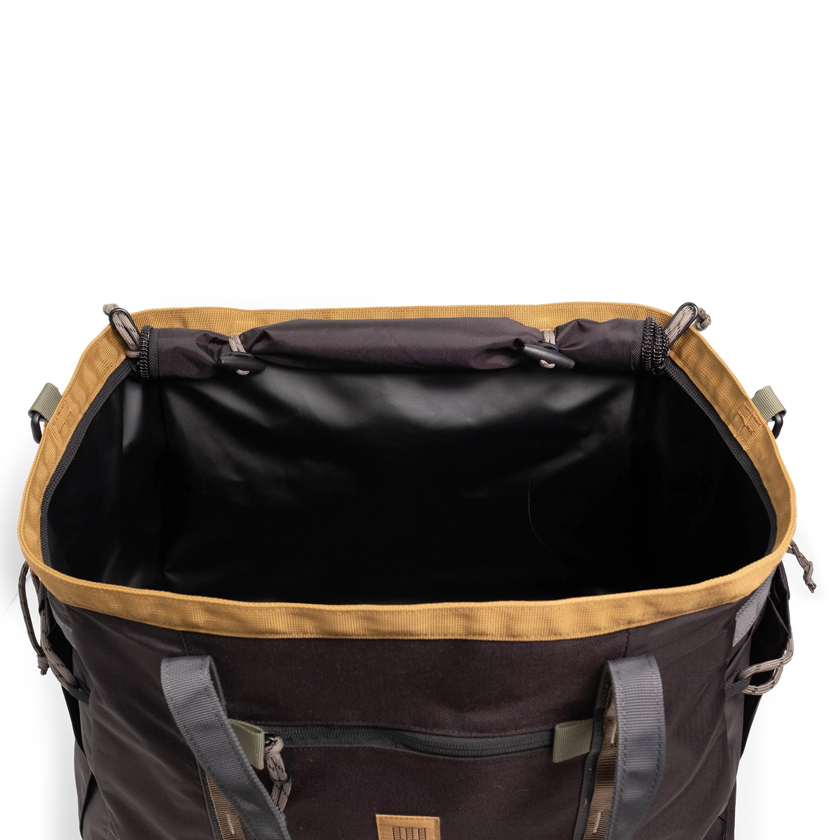 General Detail shot of Topo Designs Mountain Gear Bag opening in "Black / Neutral".