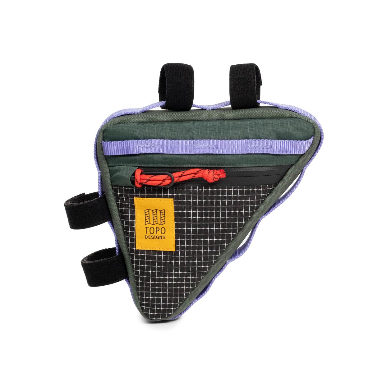 Front view of Topo Designs Bike Frame Bag in "Very Peri / Forest"