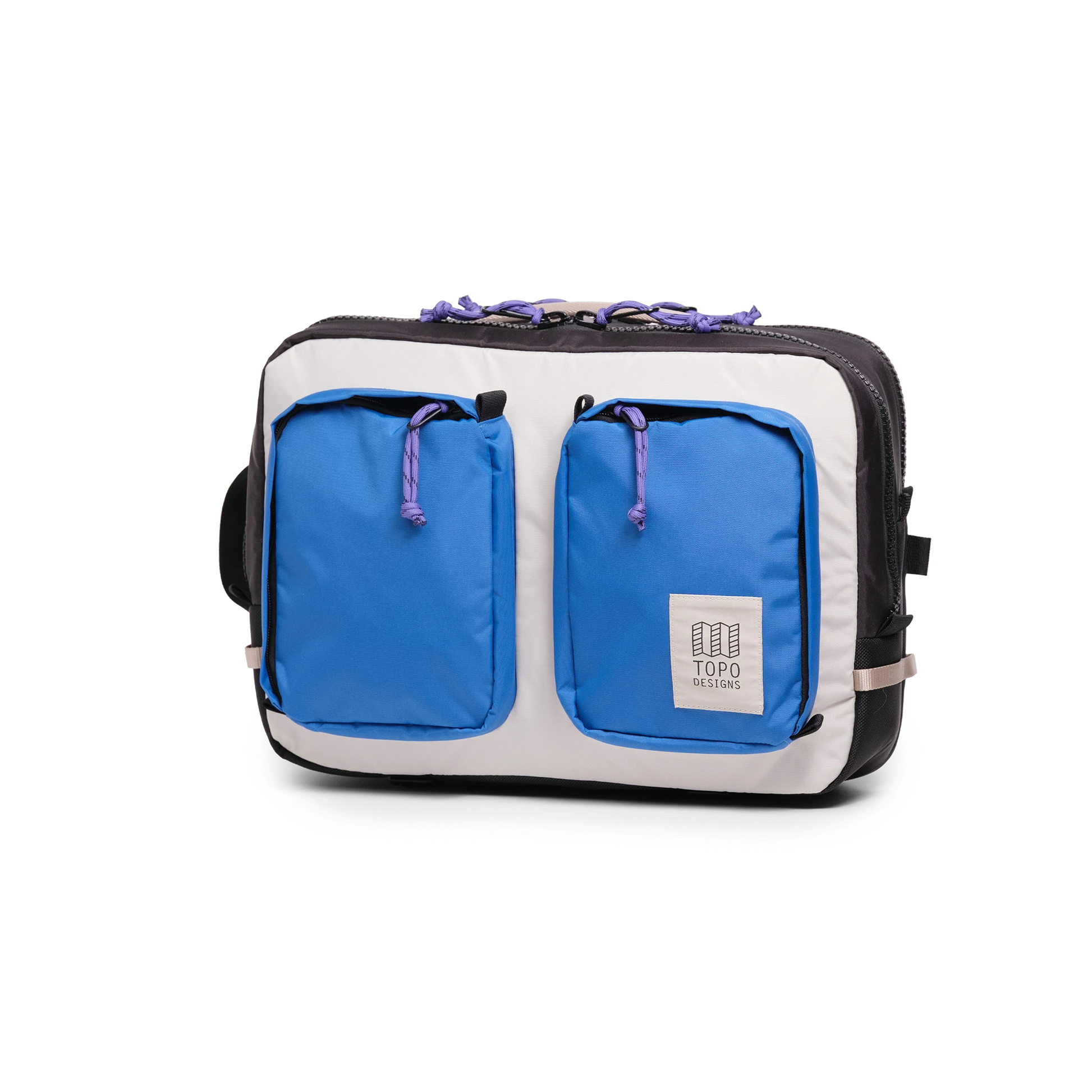Front Quarter View of Topo Designs Global Briefcase in "Classic Blue / Bone White"