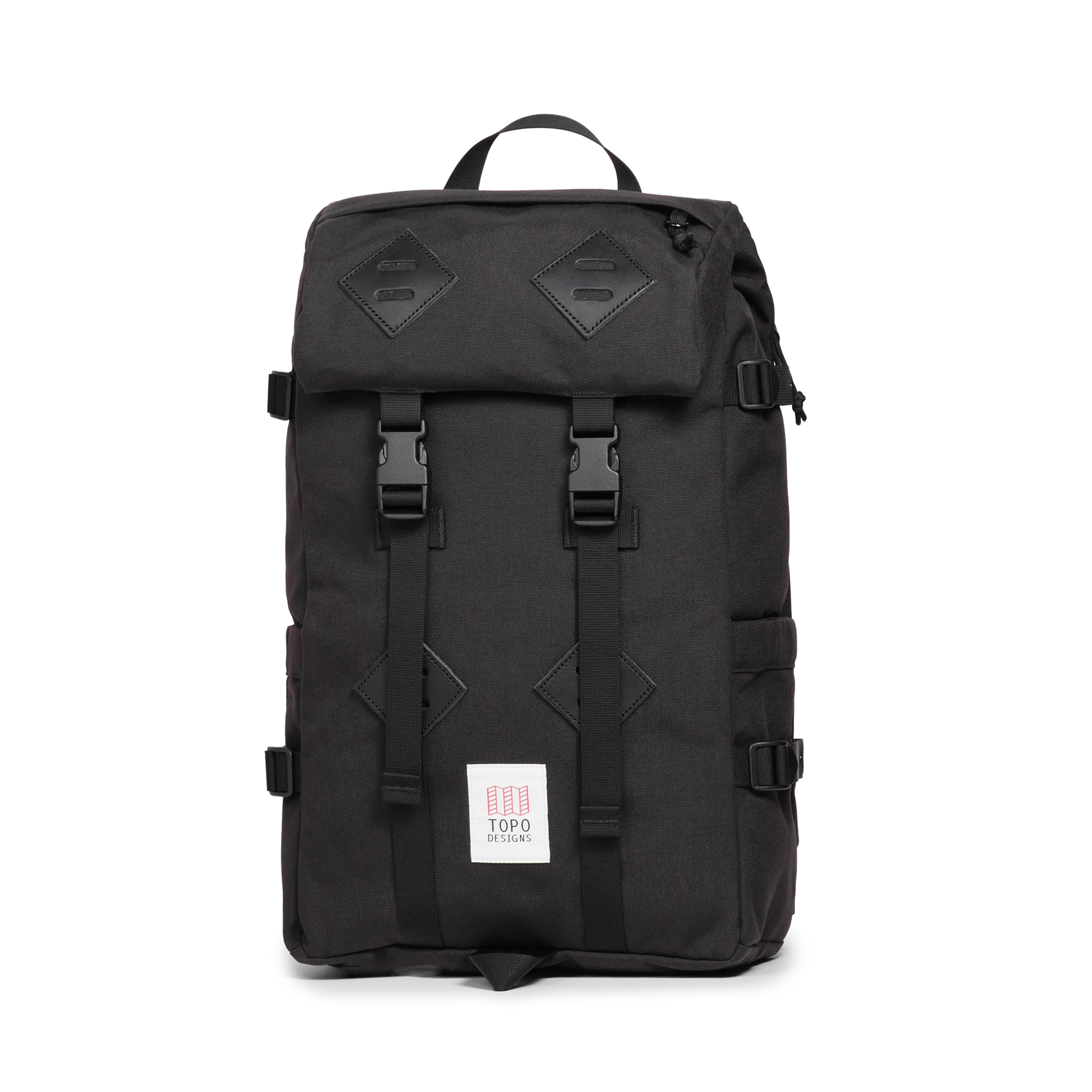 Quarter view of Topo Designs Klettersack Classic vintage-inspired rucksack backpack in "Black".