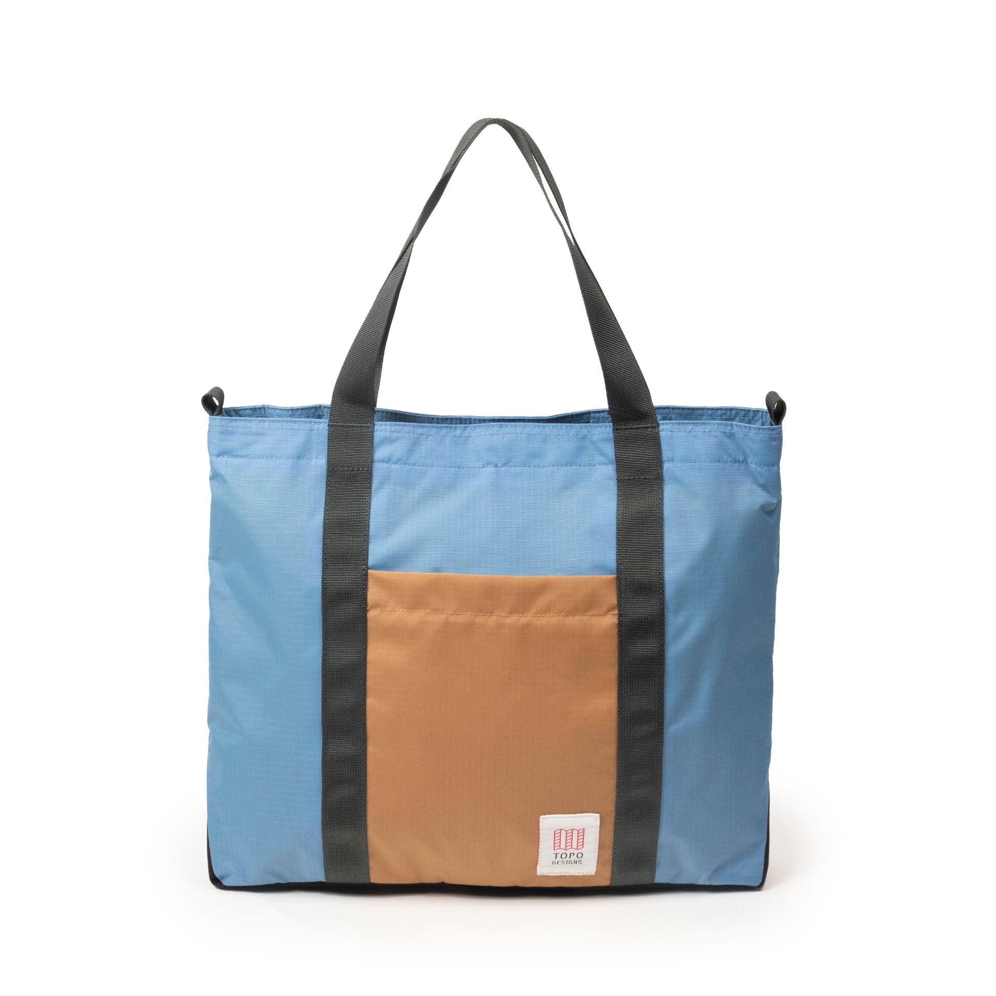 Front View of Topo Designs Mountain Essential Tote in "River Blue / Brown Oak"
