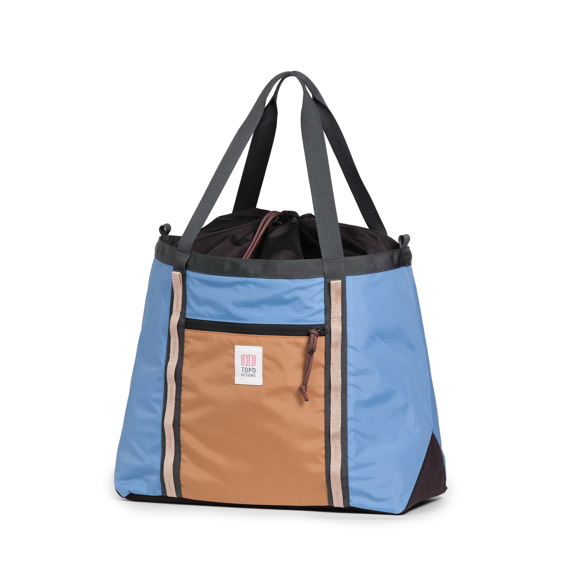 Front View of Topo Designs Mountain Utility Tote in "River Blue / Brown Oak"