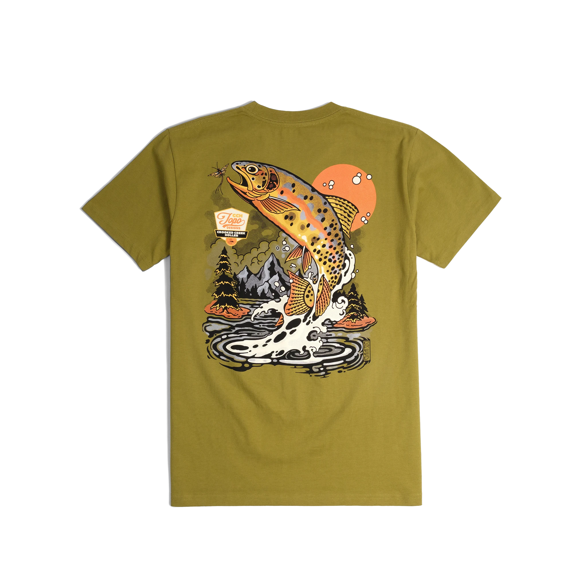 Back shot of Topo Designs x CCH x Pine Printshop Golden Trout Tee in "Moss"