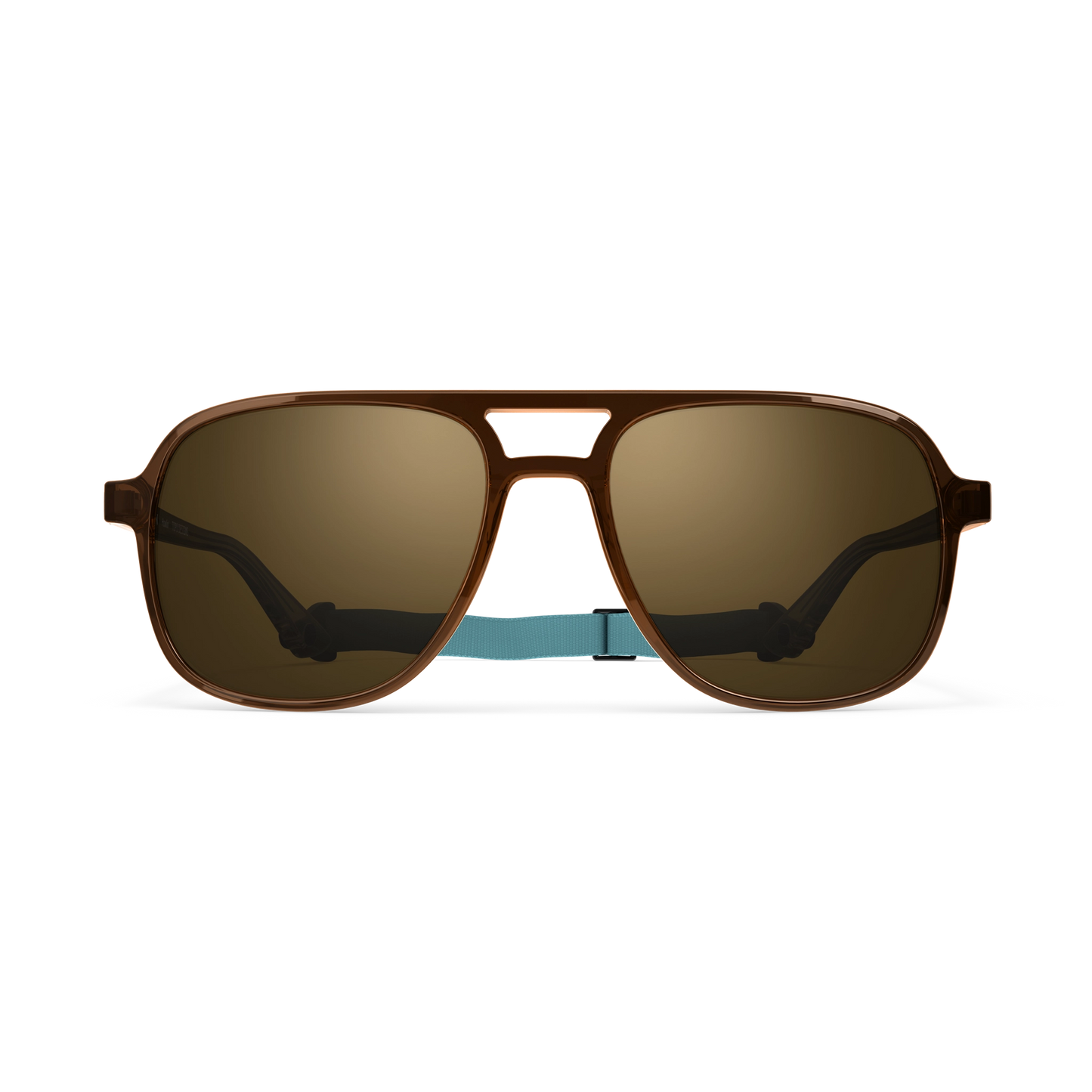 General front view of VALLON X Topo Designs sunglasses in "Brown / Brown" with sunglass arms open and strap attached.