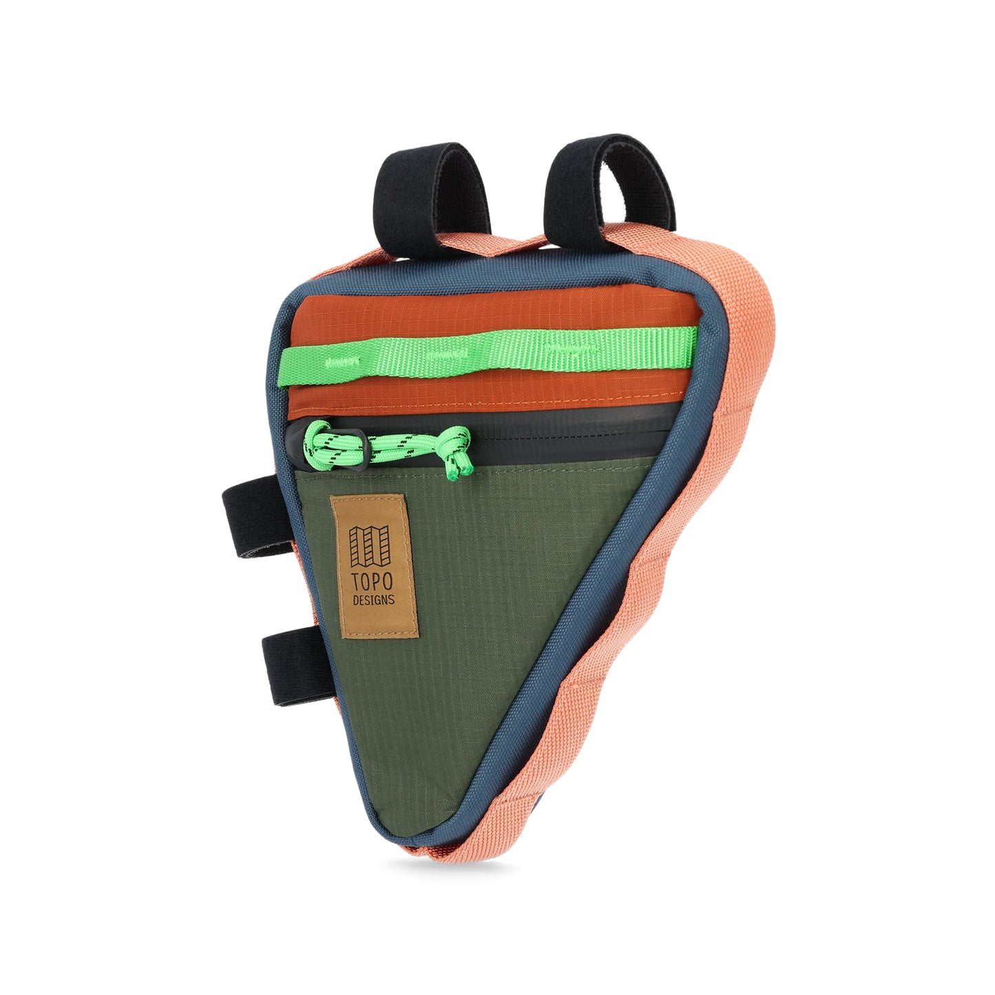 Topo Designs Bike Frame Bag in "Olive / Clay" green orange lightweight recycled nylon.
