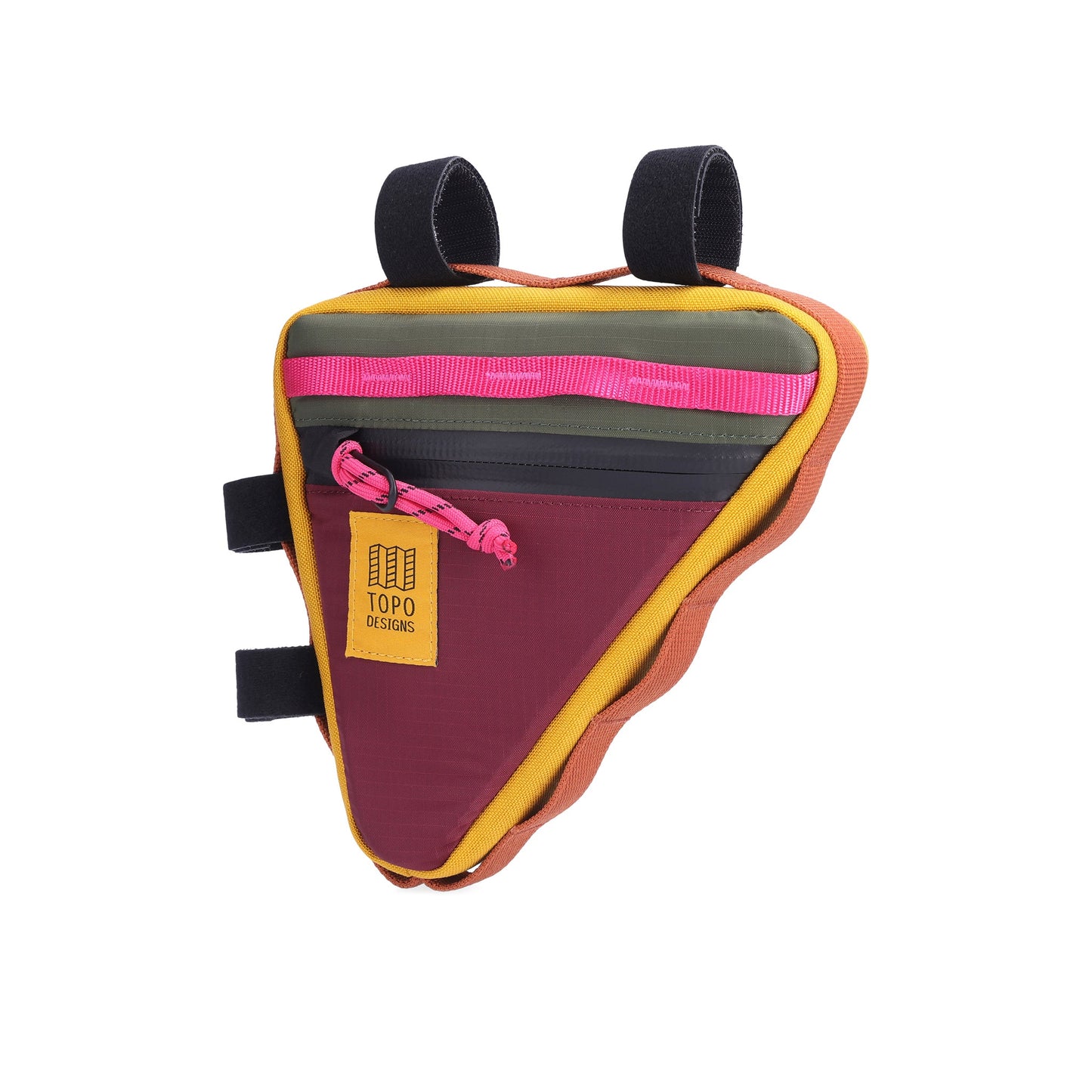 General photo of Topo Designs Bike Frame Bag in "Olive / Burgundy" green purple lightweight recycled nylon.