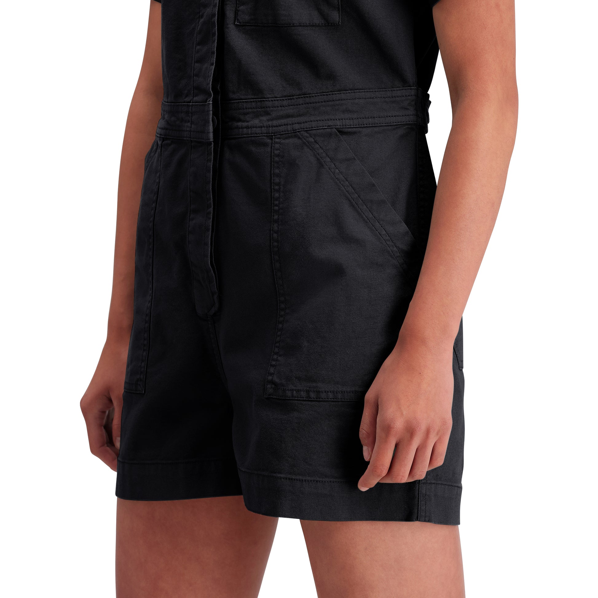 Detail shot of Topo Designs Dirt Romper - Women's in "Black"