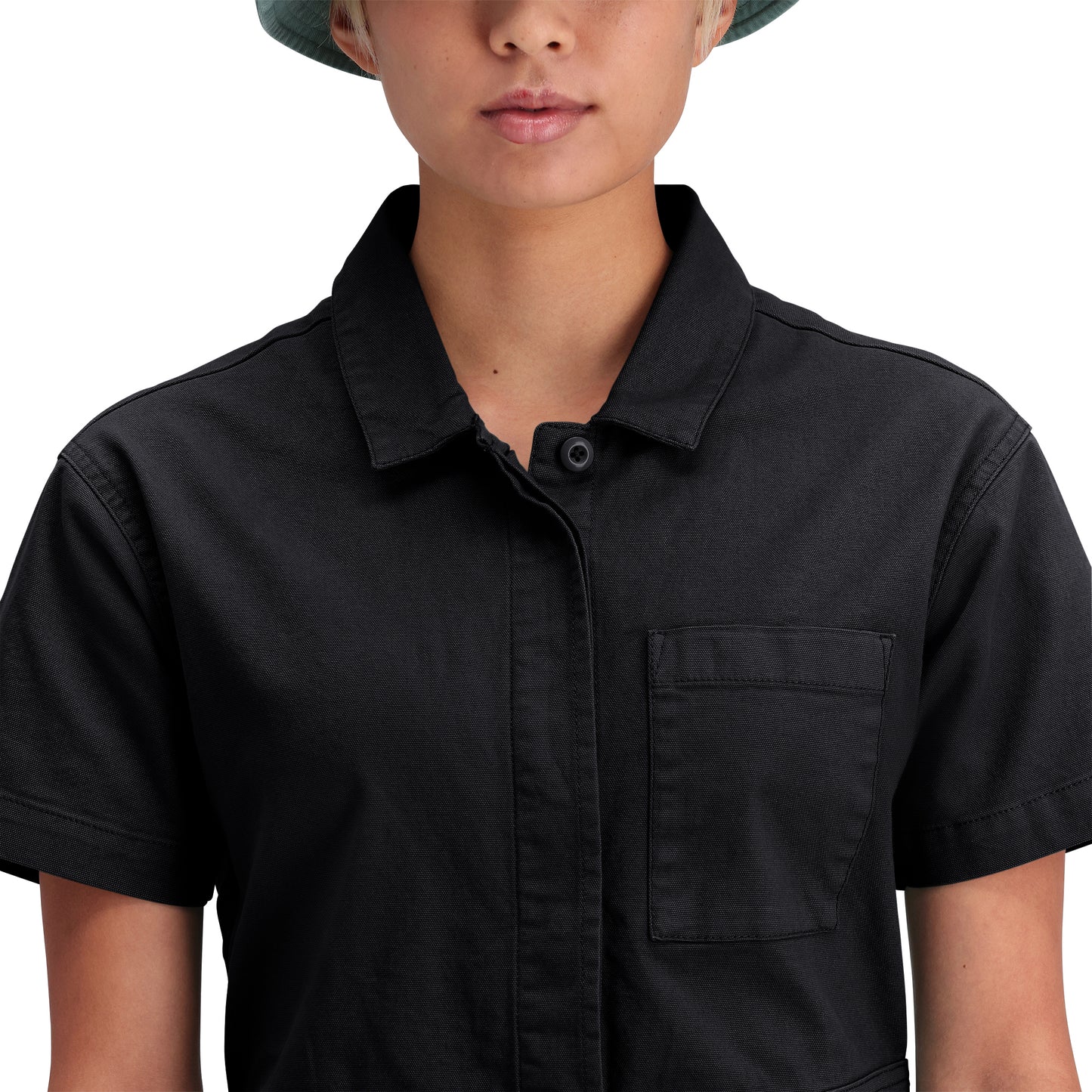 Detail shot of Topo Designs Dirt Romper - Women's in "Black"