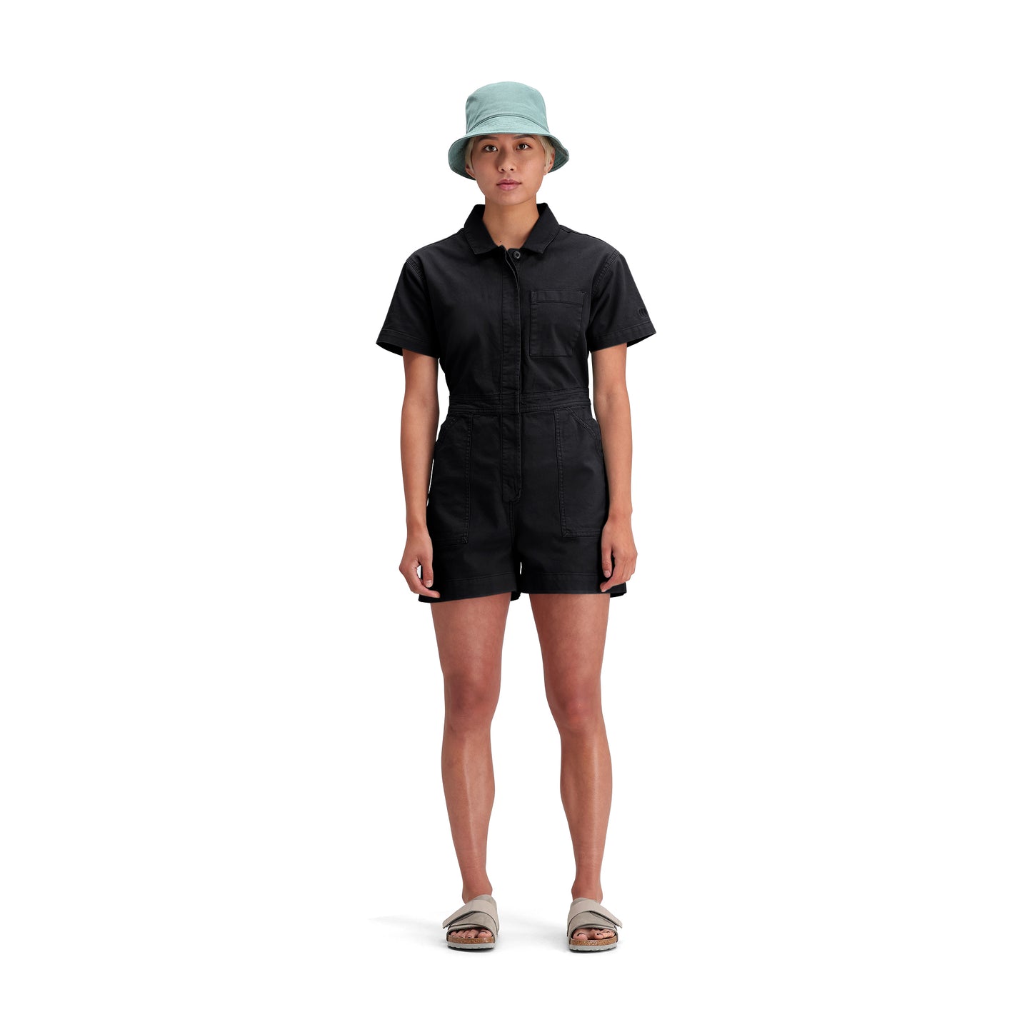 General front model shot of Topo Designs Dirt Romper - Women's in "Black"