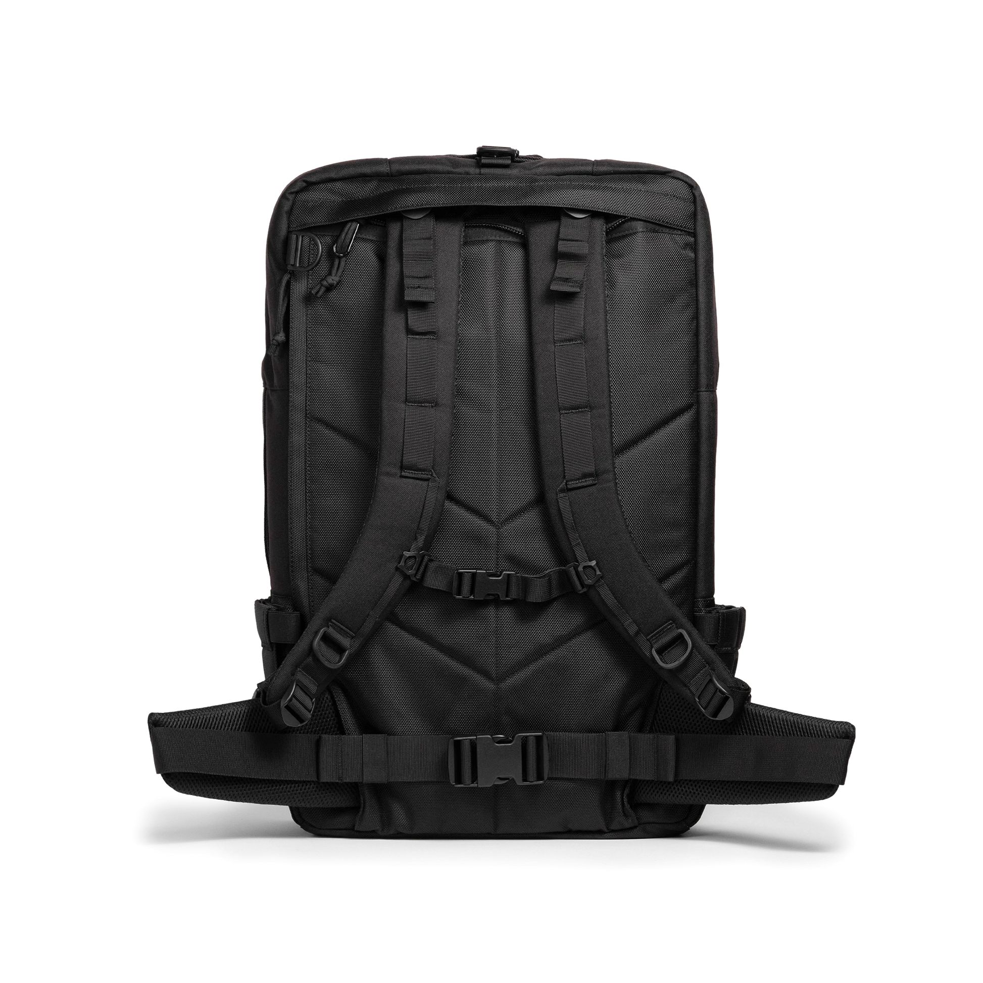 Back view of Topo Designs Global Travel Bag 40L in "Black / Black"