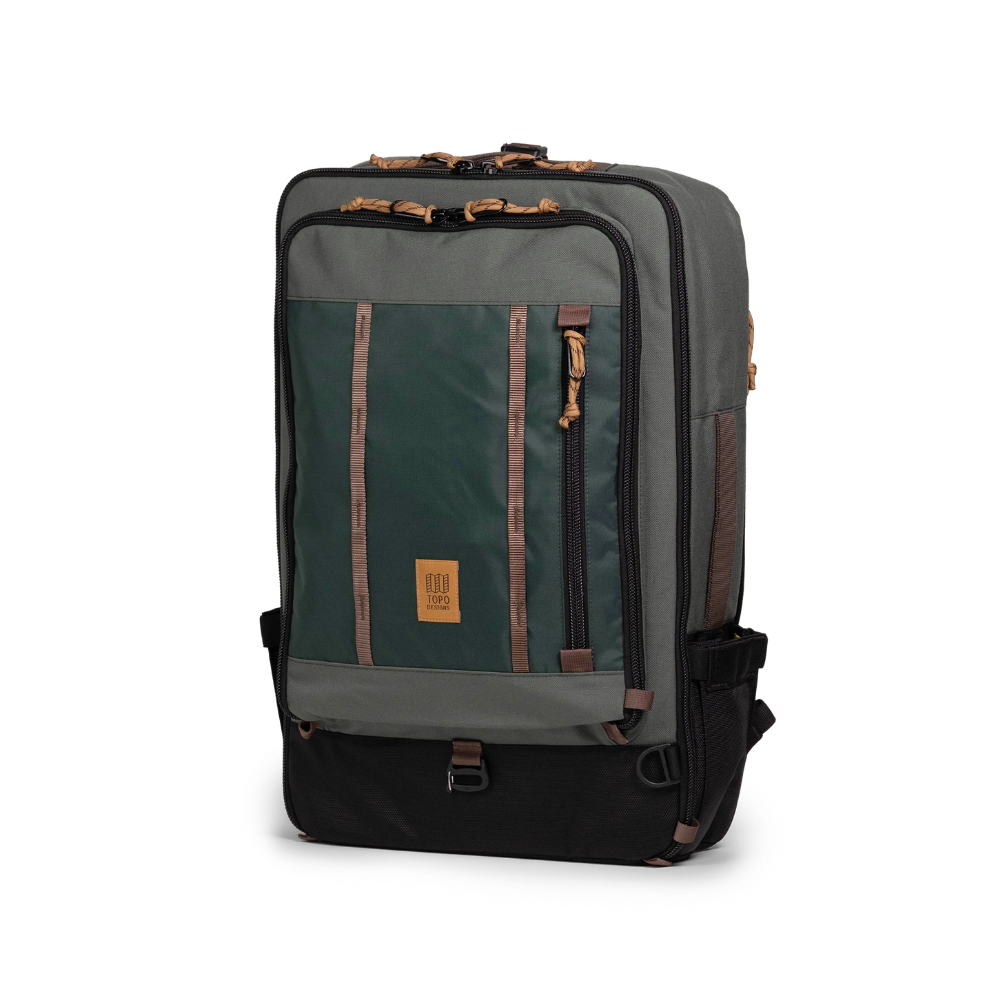 Front quarter view of Topo Designs Global Travel Bag 40L in "Woodland / Forest"