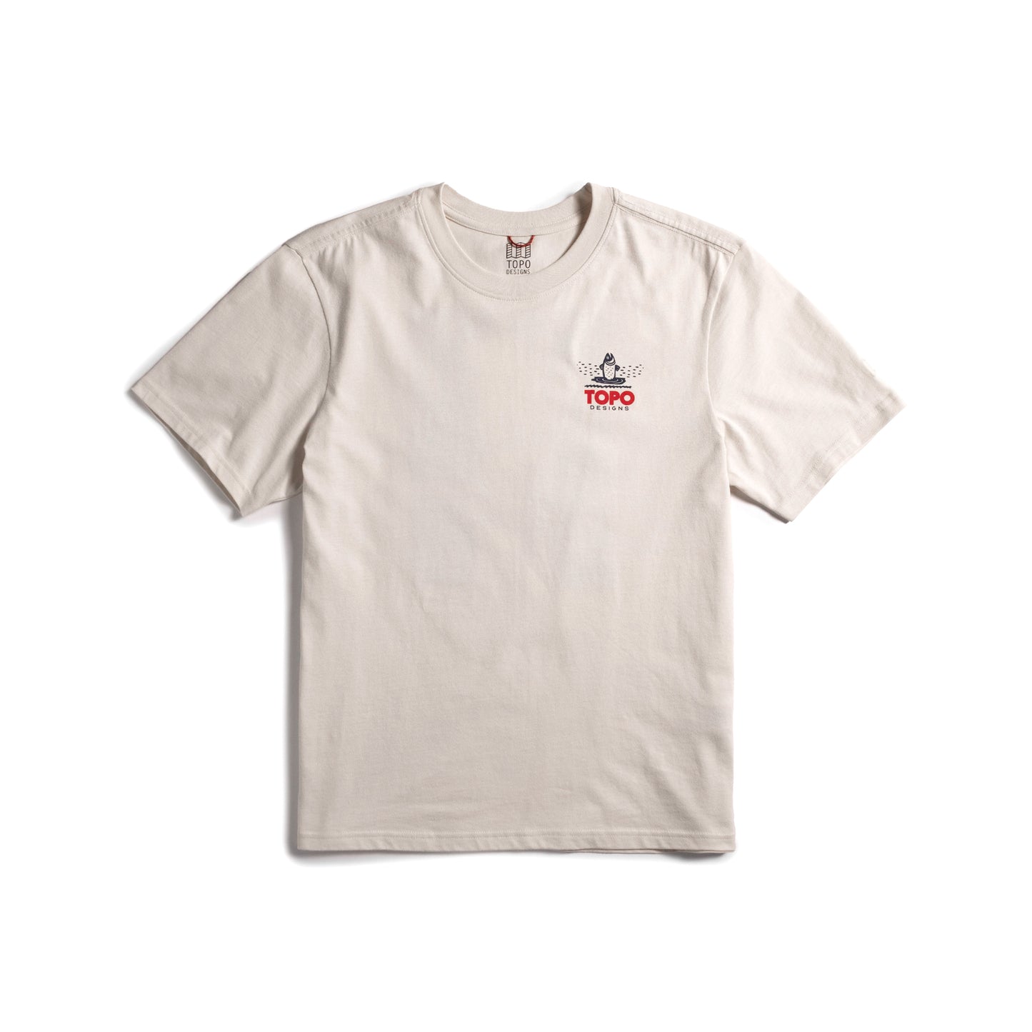 Front flat lay image on white background of Topo Designs Mountain River Tee - Men's in "Bone White"