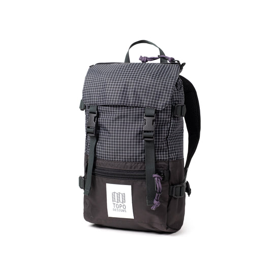 Quarter View of Topo Designs Rover Pack Mini in "Black Grid"