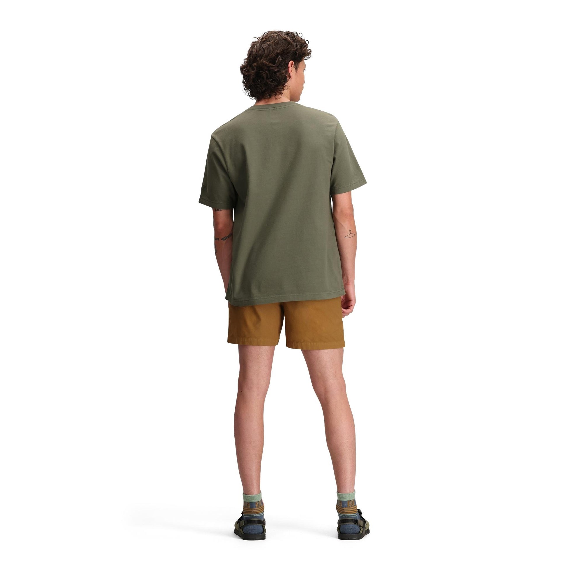 General back model shot of Topo Designs Dirt Henley Short Sleeve - Men's in "Beetle"