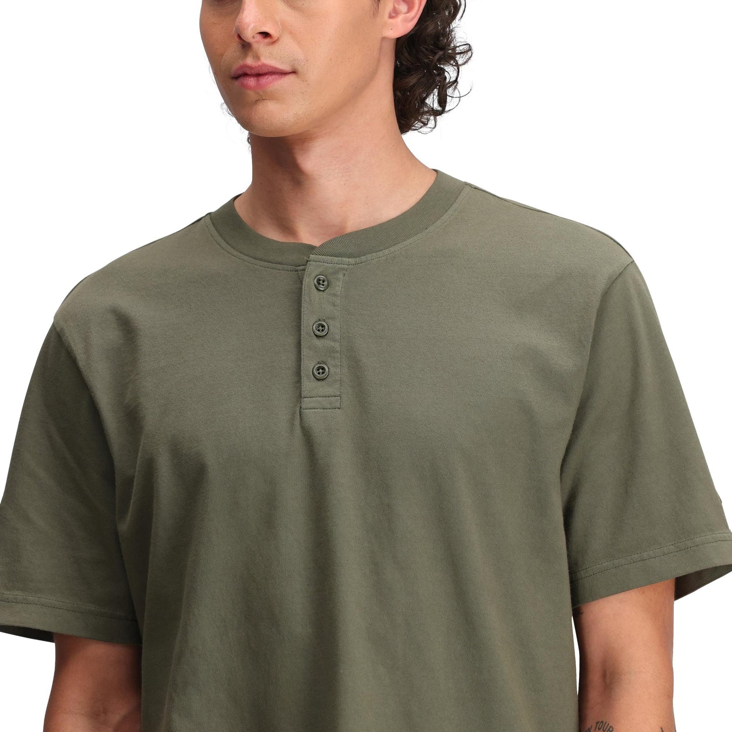 General Detail shot of Topo Designs Dirt Henley Short Sleeve - Men's in "Beetle"