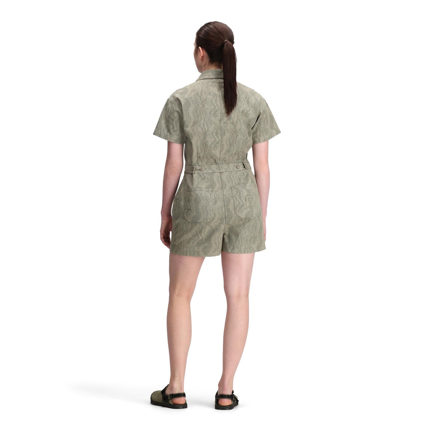 General back model shot of Topo Designs Dirt Romper - Women's in "Dried Sage River Bed"