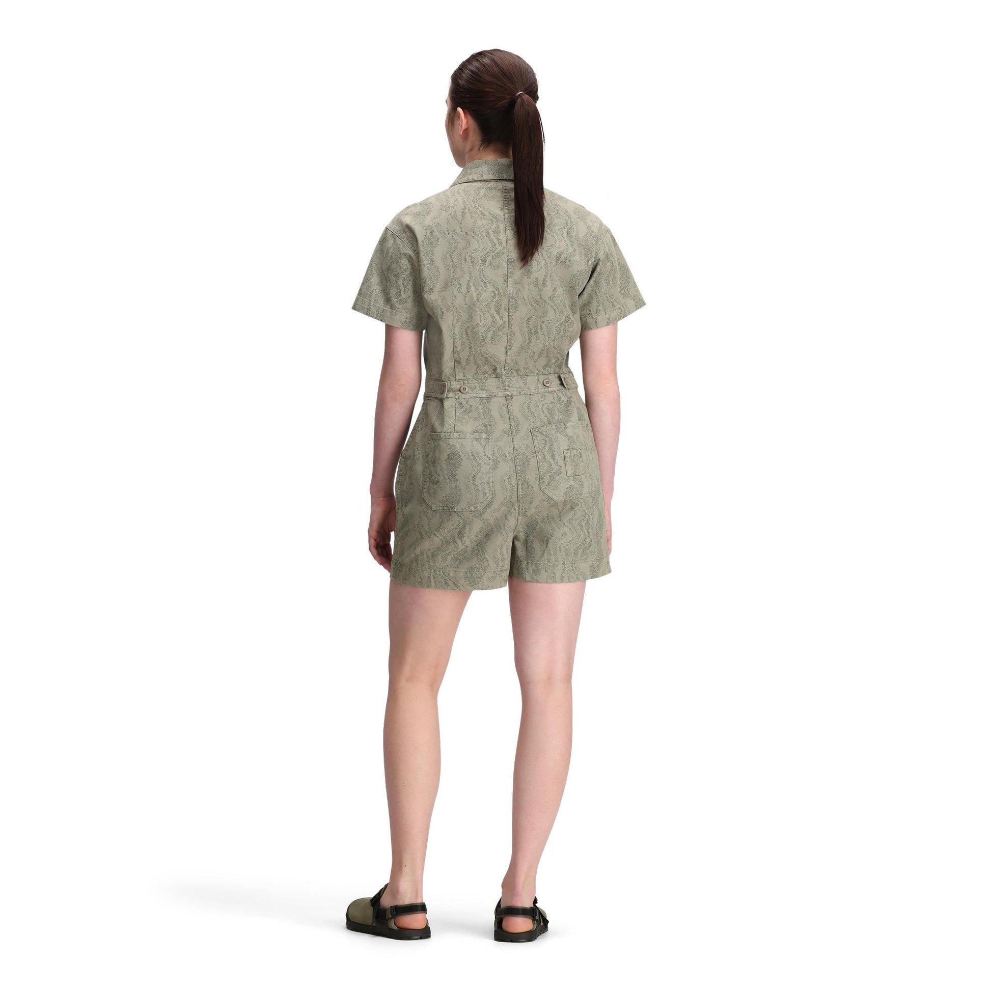 General back model shot of Topo Designs Dirt Romper - Women's in "Dried Sage River Bed"