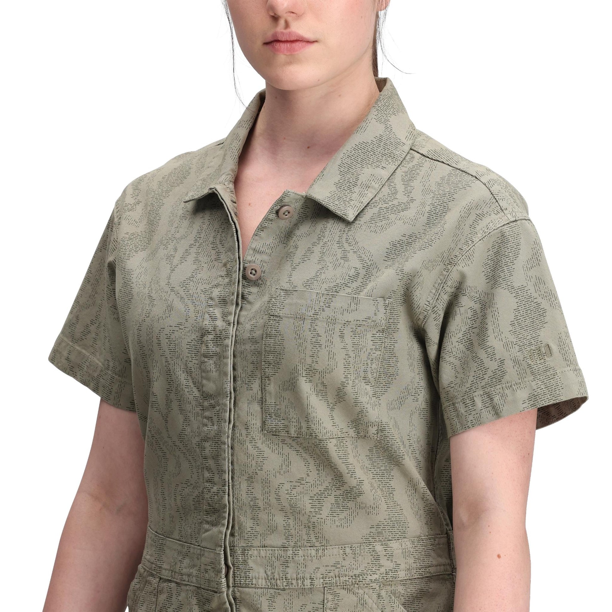 General Detail shot of Topo Designs Dirt Romper - Women's in "Dried Sage River Bed"