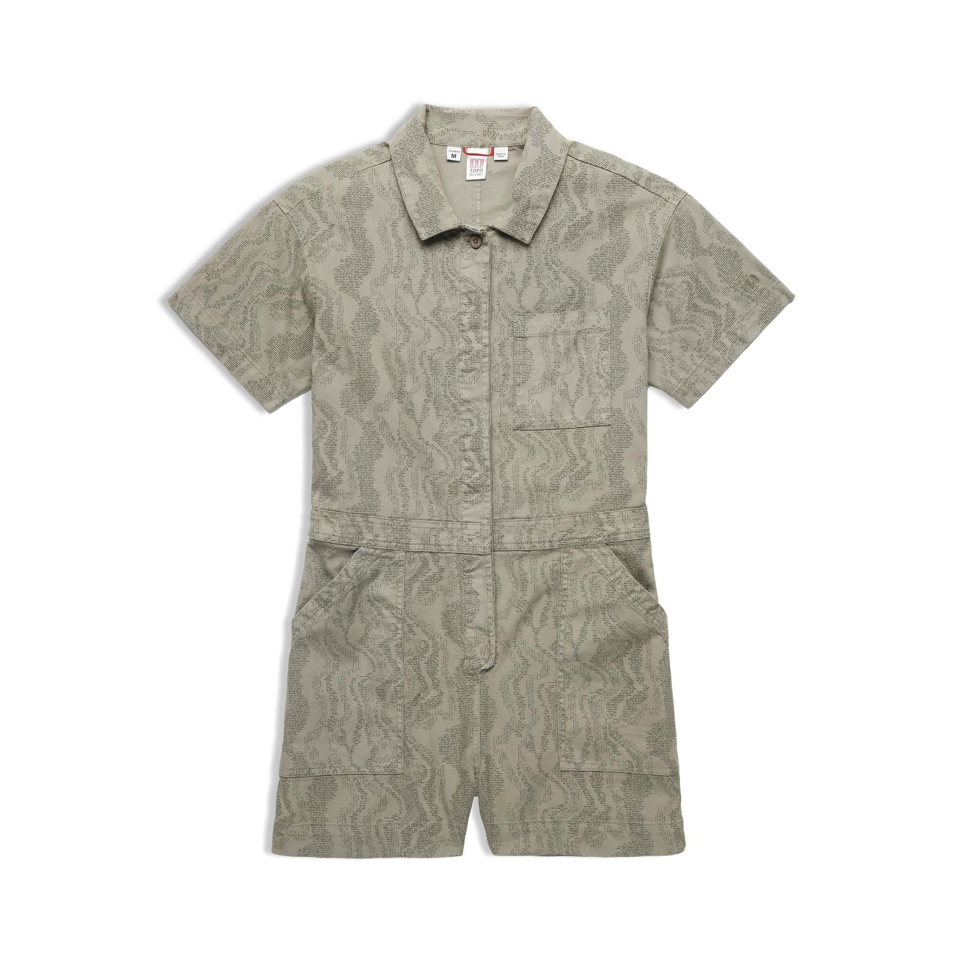 Front View of Topo Designs Dirt Romper - Women's in "Dried Sage River Bed"