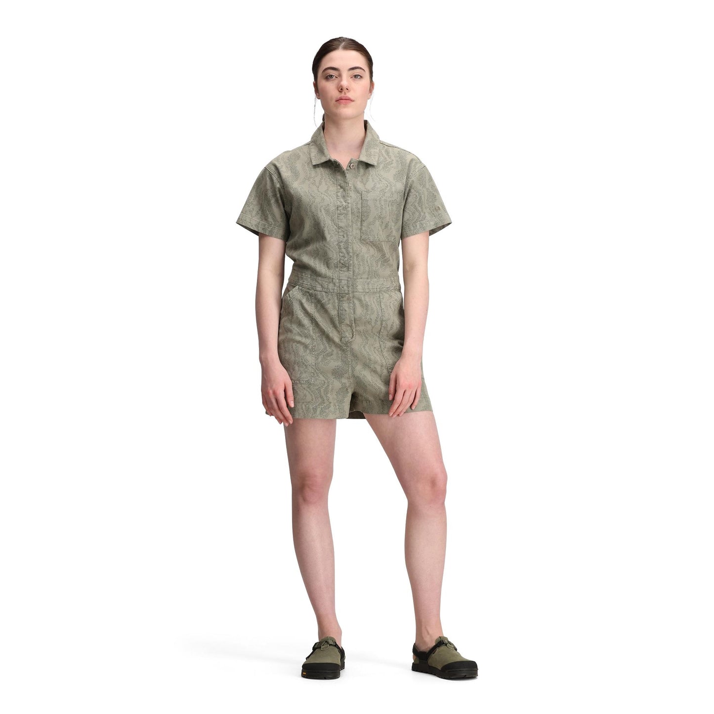 General front model shot of Topo Designs Dirt Romper - Women's in "Dried Sage River Bed"