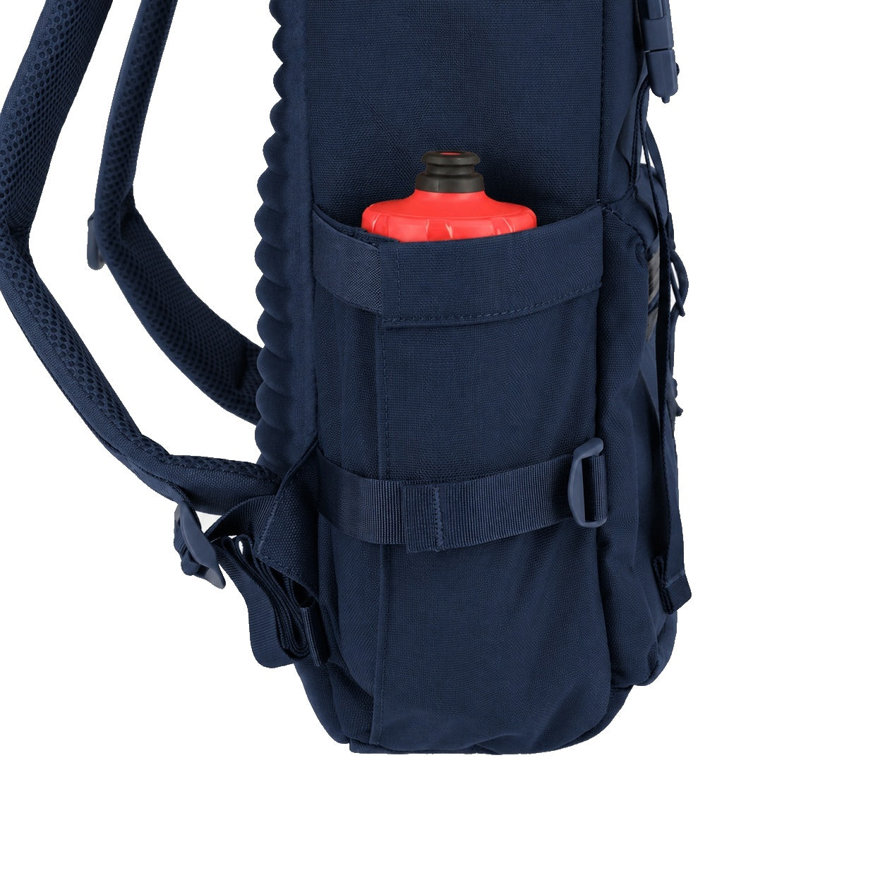 General detail Shot of the Topo Designs Rover Pack Tech in "Navy" showing expandable water bottle side pockets