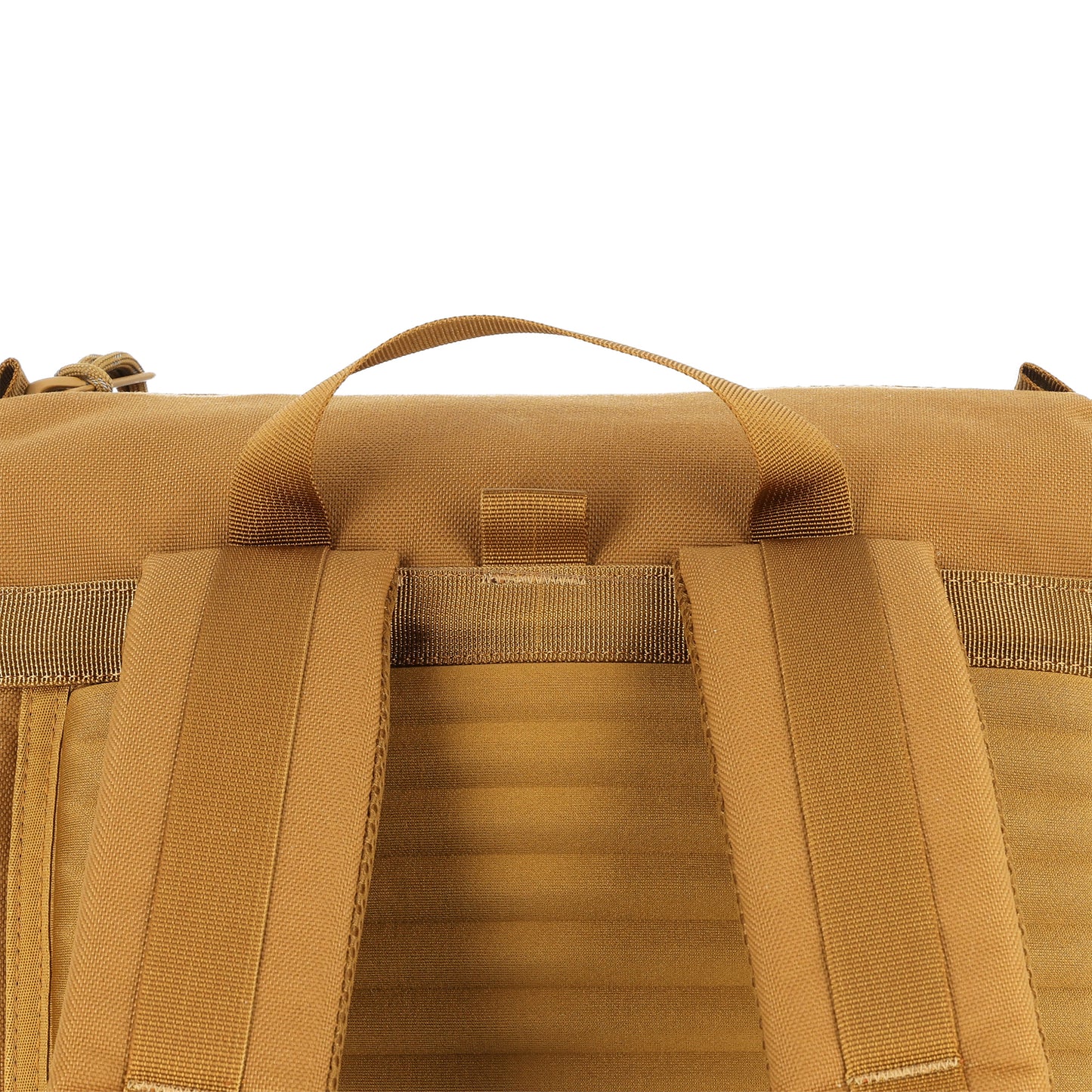 Detail Shot of the Topo Designs Rover Pack Tech in "Dark Khaki" brown showing top carry handle and Global Travel Bag PackFast attachment point