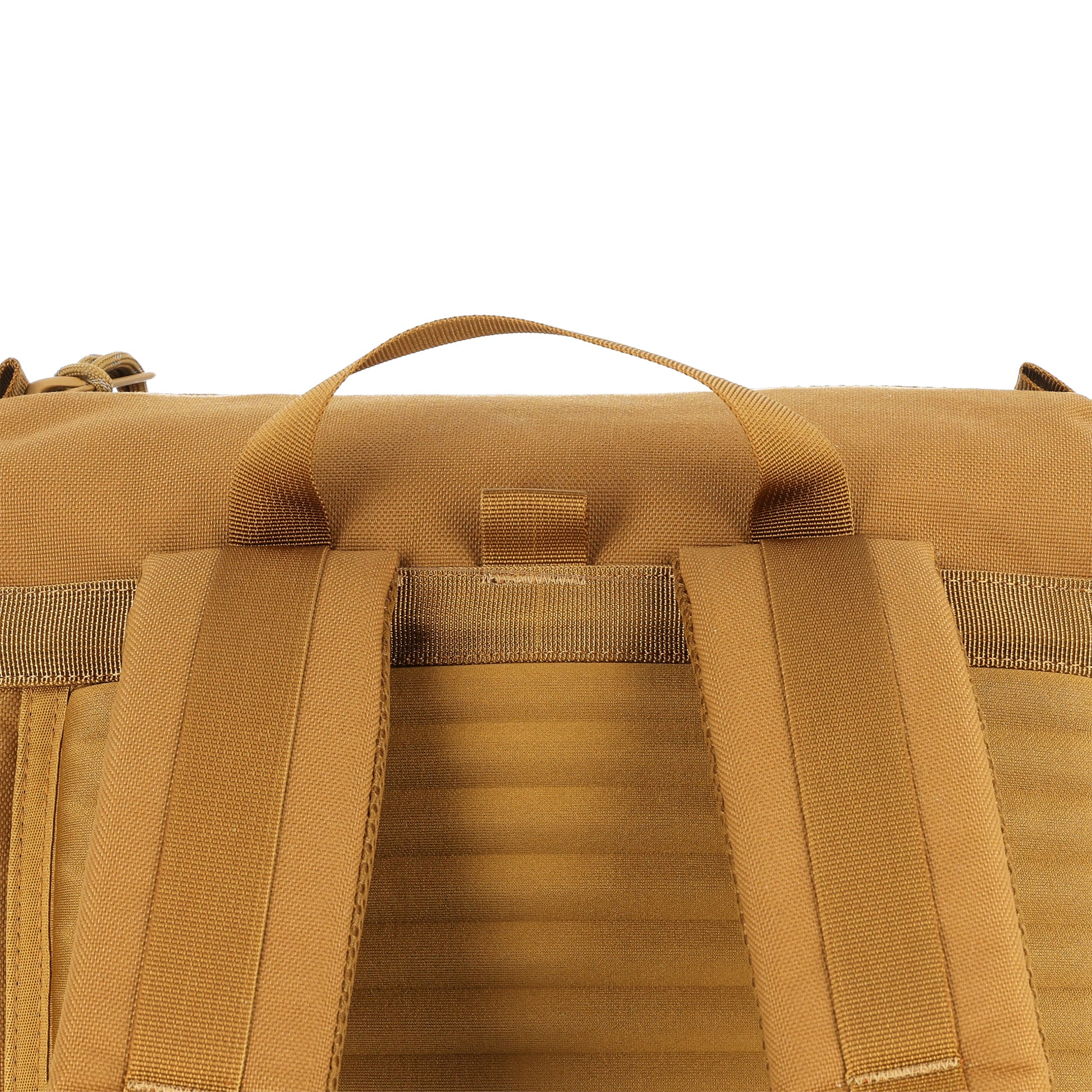 Detail Shot of the Topo Designs Rover Pack Tech in "Dark Khaki" brown showing top carry handle and Global Travel Bag PackFast attachment point