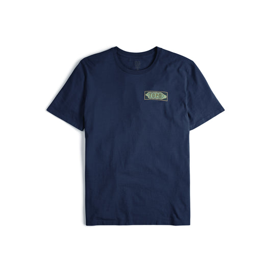 Front view of Topo Designs Men's Geographic Tee 100% organic cotton short sleeve graphic logo t-shirt in "navy".